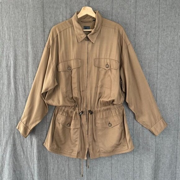 80s Vintage Lizwear Khaki Tan 100% Rayon Multi Pocket Safari Light Weight Jacket - Picture 1 of 14